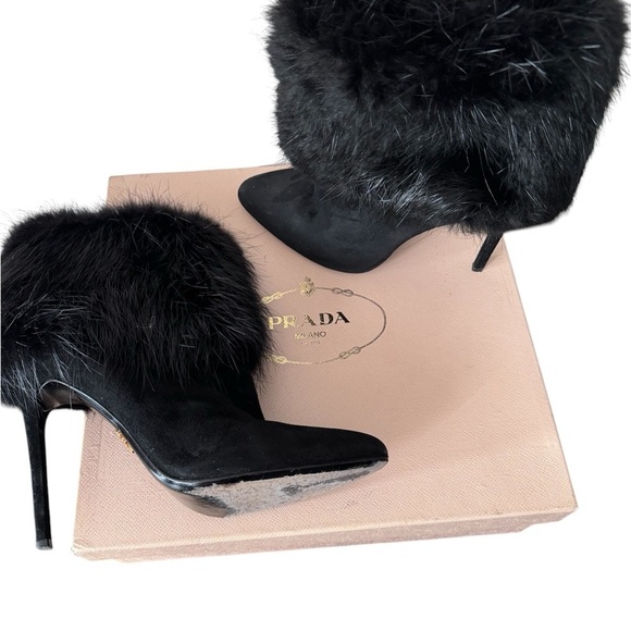 Prada Calzature Donna Camoscio Fur Trimmed Ankle Heel Boot Black (Nero) Size 40 - Picture 2 of 12